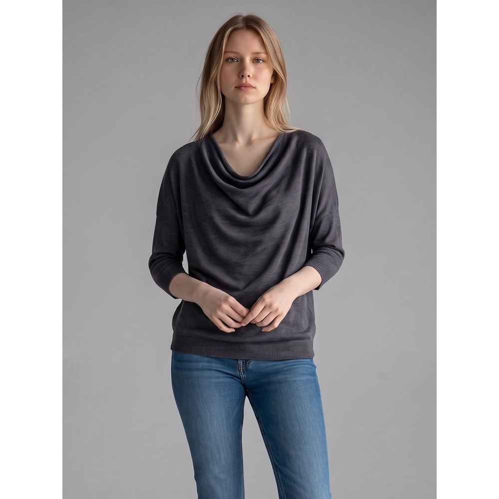 Valerie Louthan Cashmere Silk Cowl Neck Knit Top Gray Scotland 3/4 Sleeve